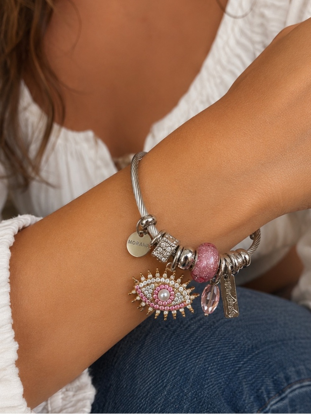 Morana Silver Tone Charm Bracelet Pink Crystal Evil Eye